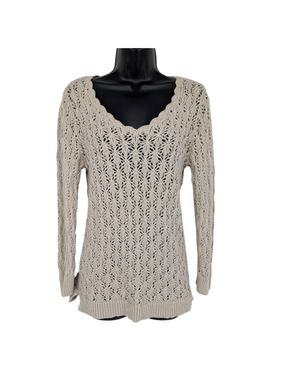 LOFT Open Knit Tunic Sweater Crochet V Neck Boho Coastal Y2K Minimalist Medium